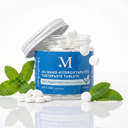 Mouthology 10% Nano Hydroxyapatite Toothpaste Tablets Fluoride Free, Whitening*, Rod Shaped nHa, Xylitol Toothpaste for Adults, Enamel Care*, Sensitive Teeth*, SLS Free, Mint 60 Pack (USA Made)