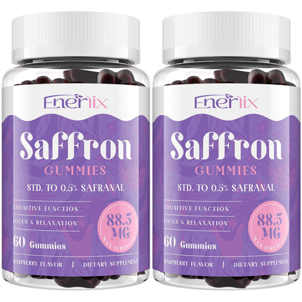 Enerlix Saffron Gummies 88.5 mg with Magnesium, Max Strength Saffron Supplements with St. John’s Wort, GABA, Rhodiola, Rosemary & Passion Flower Extracts for Mood, Focus - 120 Servings