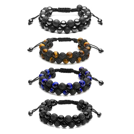Jovivi 4pcs Mens Lava Rock Stone Essential Oil Bracelet Tiger Eye Agate Beads Double Layer Bracelets Macrame Adjustable Braided
