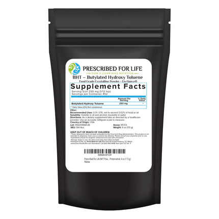 Prescribed For Life BHT Powder, Powdered Butylated Hydroxytoluene for Food Preservation, Vegan, Gluten Free, Non GMO, Unbleached, Soy Free (4oz / 113g)