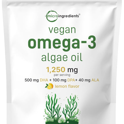 Micro Ingredients Vegan Omega 3 Algae Oil, 240 Veggie Softgels | Fish Oil Alternative | DHA 500mg & DPA 100mg | Carrageenan Free | Plant-Based Omega 3 with Flaxseed & ALA | Lemon Flavored