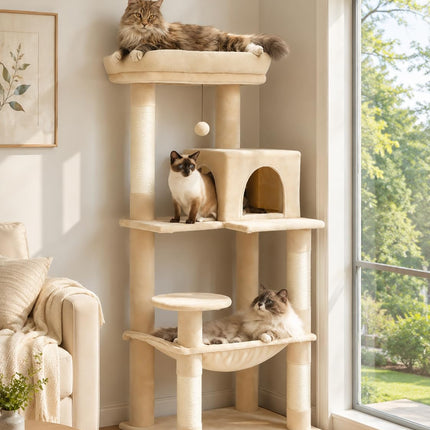 MUTTROS Cat Tree for Large Cats Adult with Metal Plush Big Hammock, 56.3" Cat Tower with 2 Door Condo House, 6-Tier Cat Shelves with Scratching Posts and Large Top Perch, Beige
