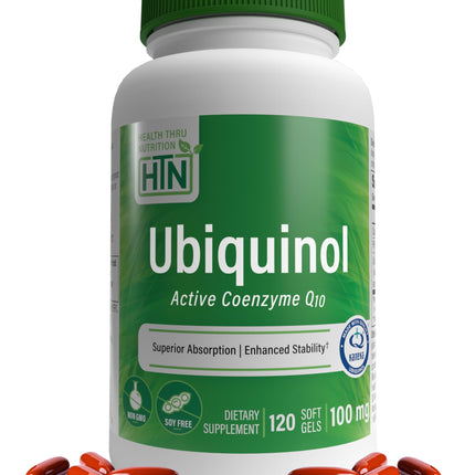 Health Thru Nutrition Ubiquinol 100mg 120 Softgels as Kaneka QH Reduced CoQ-10 | Stabilized - 3rd Party Tested | Enhanced Bioavailability | Cardiovascular & Mitochondria Function Support | Non-GMO