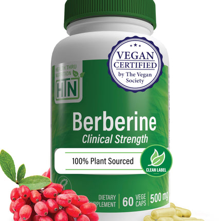 Health Thru Nutrition Berberine HCl 500mg 60 Servings | Clinical Strength Supplement | Certified Vegan | Non-GMO | Soy Free | 3rd Party Tested
