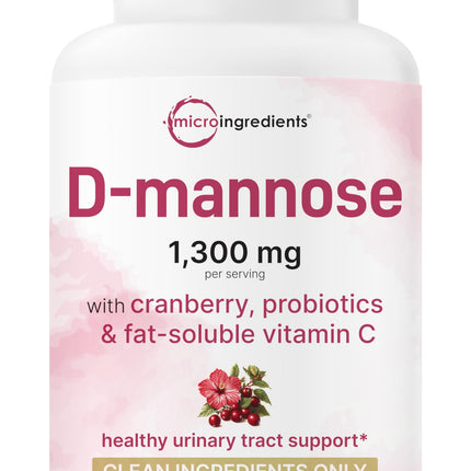 Pure D Mannose 1,300mg with Cranberry & Probiotics, 240 Veggie Capsules | Urinary Tract Health for Women | Plus 1 Million CFU Probiotics Blend & High Absorption Vitamin C | Filler Free, Non-GMO