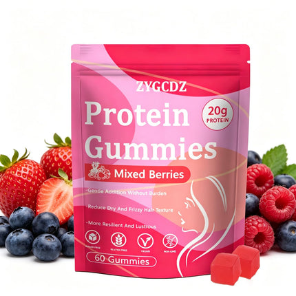 YKSDQ Protein Gummies for Women & Men, 20g Protein per Serving, Zero Sugar, Vegan, Supports Hair Skin Nails Health with Collagen, Energy Boosting Supplement, Mixed Berries Flavor, 60 Gummies (1) (1)