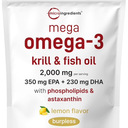 Mega Omega-3 Krill & Fish Oil 2,000mg Equivalent, 240 Softgels | Lemon Flavored | Burpless | Essential Fatty Acids & Astaxanthin | EPA 350mg + DHA 230mg | Heart & Brain Supplement