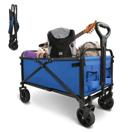 SAILARY Collapsible Wagon with Quiet Wheels - Silent Grocery Shopping Cart for Seniors, Foldable Utility Cart for Laundry & Apartment, Washable Heavy Duty Rolling Wagon with Two Mesh Pockets, Blue