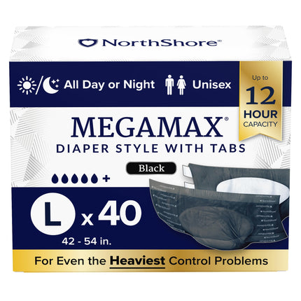 NorthShore MegaMax 12-Hour HBL Adult Diapers for Heavy Bladder Leaks, Large, 40 Count, Black, 42-54 inches, Tab-Style Incontinence Underwear for Men, Women & Teens