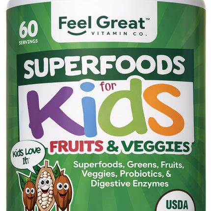 Feel Great USDA Organic Super Greens Powder for Kids - Cocao Chocolate | Fruit & Veggie Supplement | Superfood Powder with Probiotics & Digestive Enzymes for Digestive Health | 60 Days Supply