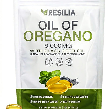 Resilia Softgels with Black Seed Oil 6000mg – Organic Oregano Oil Capsules for Immune & Digestive Support – Non-GMO, Gluten-Free Softgels – Natural Herbal Wellness Supplement (300 Count)
