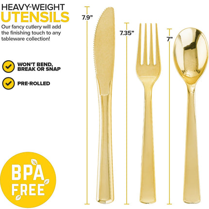 Joyido 400PCS Pre Rolled Gold Plastic Silverware Sets - Heavy Duty Gold Cutlery - Include 100 Pack Wrapped Disposable Utensils with Napkins for Parties, Dinners & Weddings