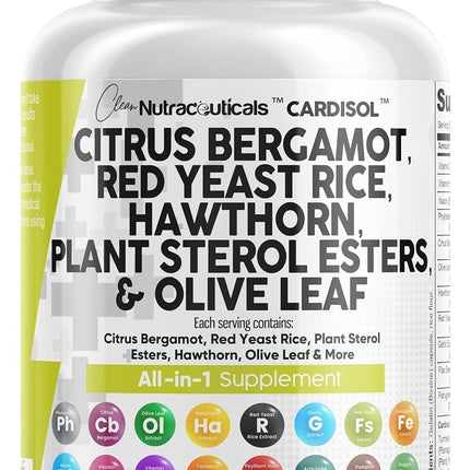Clean Nutraceuticals Citrus Bergamot Red Yeast Rice Capsules with Plant Sterols - with Hawthorn Extract Olive Leaf Niacin Vitamin K3 D3 COQ10 Guggul & More