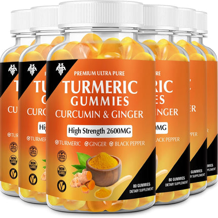 Turmeric Curcumin Gummies (6 Pack) - Turmeric Curcumin Supplements with Ginger & Black Pepper Gummies for Immune Muscle Support Healthy Skin - Vegan, Gluten Free, Low Sugar - for Adults