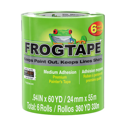 FrogTape Multi-Surface Painter's Tape with PAINTBLOCK, 1 in Wide (0.94 in x 60 yd), Quick Stick Medium Adhesion, Premium Green Painters Tape Removes Clean, 6 Roll (240659)