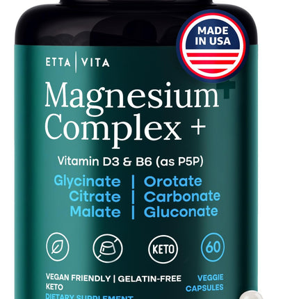 Magnesium Complex for Women & Men 500mg (7-in-1) - Magnesium Glycinate with D3 & B6, Glycinate, Citrate, Malate, Taurate & Orotate - Daily Wellness Support, 60ct [Oxide-Free]