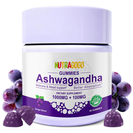 NUTRAGOGO Ashwagandha Gummies & Vitamin D3 Gummies Organic Aswangdha Supplement for Improve Sleep, Stress Relief & Mood Calm (Grape Berry,Non-GMO, Gluten-Free & Sugar Free)-1 Pack
