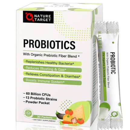 NATURE TARGET Probiotics for Women-Men-Kids Probiotic Powder 60 Billion CFUs 13 Strains - Prebiotics and Probiotics for Digestive Health, Shelf Stable, Non-GMO, Gluten Free 30 Packets