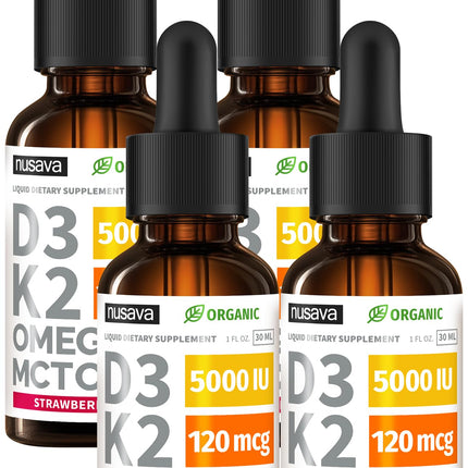 (4 Pack) Organic Vitamin D3 K2 Drops with MCT Oil & Omega 3 - Liquid Vitamin D3 5000 IU - K2 D3 Vitamin Supplement - Vitamin D Drops for Women & Men - No Fillers, Non-GMO, GMP, Strawberry (4 Fl Oz)