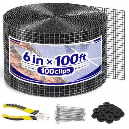 PROLEE Solar Panel Bird Guard with 100 Fastener Clips, 6 Inch x 100 FT Critter Guard for Solar Panels, 1/2 Inch PVC-Coated Galvanized Wire Mesh with Cable Cutter, Black
