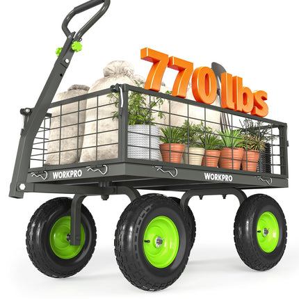 WORKPRO Large Heavy Duty Garden Cart 770 lb, 2-in-1 Convertible Utility Wagon with Removable Sides, 180° Tow Handle for ATV or Lawn Tractor, 270° Steering, Extra Large Yard Cart with All Terrain Tires