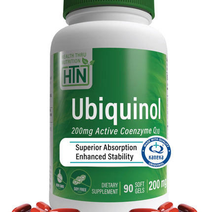 Health Thru Nutrition Ubiquinol 200mg 90 Softgels as Kaneka QH Reduced CoQ-10 | Stabilized - 3rd Party Tested | Enhanced Bioavailability | Cardiovascular & Mitochondria Function Support | Non-GMO