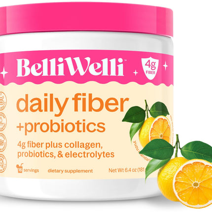 BelliWelli Fiber Supplement for Women & Men - Premium Daily Fiber Powder from Organic Acacia with Added Collagen, Electrolytes & Probiotics-No Bloat, Constipation & Gut Health Support (Yuzu Mandarin)