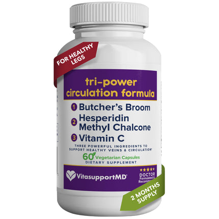 VITASUPPORTMD Tri-Power Circulation Formula - Circulation Supplement with Butcher's Broom, Hesperidin Methyl Chalcone, and Vitamin C, 60 Capsules, for Blood and Leg Circulation, Vein Health Support