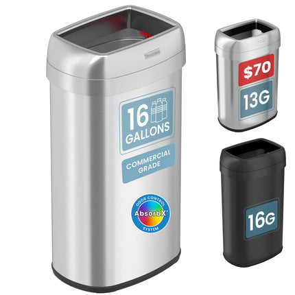 iTouchless 16 Gallon / 61L Open Top Commercial Trash Can | 2 Odor Filters