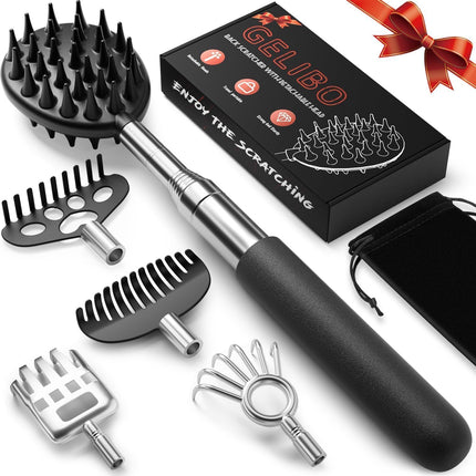 Gelibo Telescoping Large Back Scratcher with 5 Detachable Heads, Extendable Back Massager Tool, Fathers Day Gift for Him, Dad, Gifts for Men with Beautiful Box