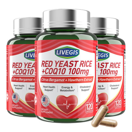 LIVEGIS Red Yeast Rice 2000mg with CoQ10 100mg - Citrinin Free Heart Health Supplement with Citrus Bergamot & Hawthorn - Supports Healthy Cholesterol Levels - Vegan Capsules 120 Counts * 3 Bottles