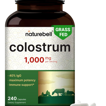 NatureBell Bovine Colostrum Supplement 1,000mg Per Serving, 240 Capsules | 40% IgG Colostrum Powder for Gut Health, Bloating, Skin, Hair & Immune Support – Non-GMO