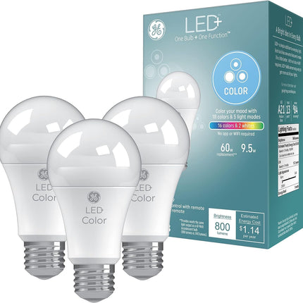 GE LED+ Color Changing LED Light Bulbs with Remote, No App or Wi-Fi Required, A19 Bulbs (3 Pack)