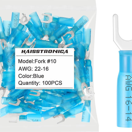 haisstronica 100PCS Heat Shrink Fork Terminals, 16-14 AWG, #10, Blue