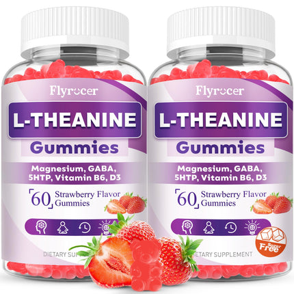 Flyrocer 2 Pack L-Theanine Gummies, L Theanine Supplement for Adults & Kids, L'Theanine with Ashwagandha, Magnesium, 5HTP & GABA - Support Calm, Relax, zzZ, Focus, Vegan Strawberry Flavor, 120 Count