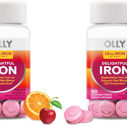 OLLY Delightful Iron Chewable Tablet, Iron Supplement from AB Fortis, Fruit Punch Flavor, 30 or 20 Day Supply - 60 Count (Pack of 2)