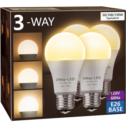 Briignite LED Light Bulbs, 3 Way Light Bulbs 50 100 150W Equivalent, 3 Way Light Bulb, Three Way A19 E26 Medium Base, Warm White 3000K, 600lm-1200lm-1600lm, 4 Pack