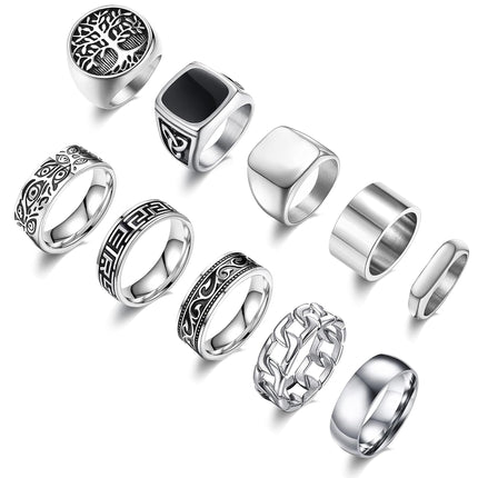 MEDOJO 10 Pcs Men's Stainless Steel Vintage Signet Ring Square Pinky Thumb Chunky Thin Band Ring Vintage Biker Band Rings Set 10