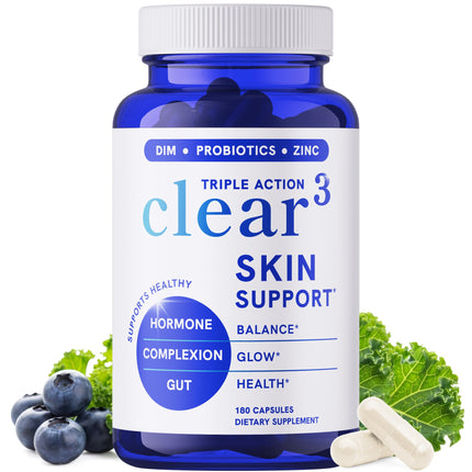 Clear Skin Supplement with Zinc, DIM & Probiotics | 3-in-1 Balance, Glow & Health Skin Support | Triple Action Hyaluronic Acid, Niaciminide & Vitamins for Hormone, Complexion & Gut Support | 180 Ct