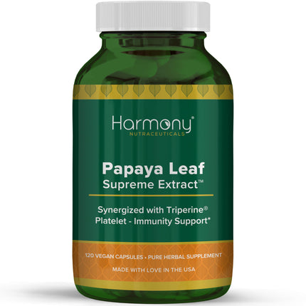 Harmony Nutraceuticals Papaya Leaf Supreme Extract Highest Potency Maximum Bioactivity Organic Dr. Gumman's Clinical Grade 120 Vegan Capsules Synergized with Triperine