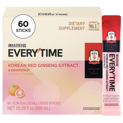 JUNG KWAN JANG Everytime Korean Red Ginseng Extract 1,000mg & Grapefruit - Vegan Energy Drink Liquid Stick Supplements - No Caffeine, No Gluten, Non-GMO 0.34 fl oz, 10EA (Pack of 6)