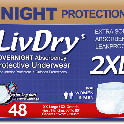 LivDry 2XL Overnight Adult Diapers for Women and Men, XXL Incontinence Underwear, 60”-80" Waist, Disposable Pull-On Briefs, XX-Large, 48 Pack