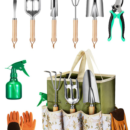 9-Piece Premium Gardening Tool Set for Women - Heavy Duty Stainless Steel Rust-Proof Tools with Fashion Storage Tote | Perfect Gardening Gifts for Mom, Mother's Day, Birthday & Outdoor (Green)