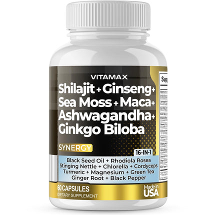 Vitamax Pure Himalayan Shilajit Supplement, Ashwagandha, Sea Moss, Rhodiola Rosea, Gingko Biloba - Fulvic Acid & Trace Mineral Capsules for Men and Women – Made in USA