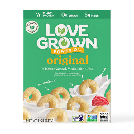 Love Grown Power O’s Original High Protein Gluten-Free Cereal - Vegan, Certified Non-GMO, 0g Added Sugar, High Fiber, Seed-Oil Free - Plant-Based Ingredients, Wholesome Breakfast Cereal - 6 Pack, 8 oz