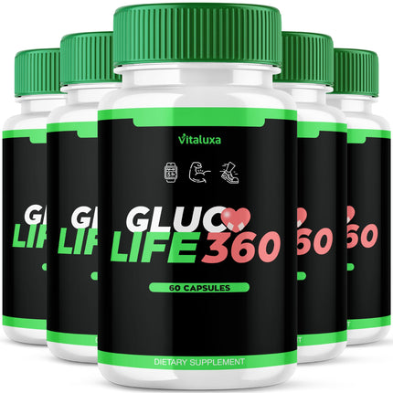 (5 Pack) Gluco Life 360 Capsules, GlucoLife 360 Supplement with Advanced Maximum Strength, Premium Health Formula Pills for Overall Health & Wellness, GlucoLife360 Vitamins Reviews, USA Made (180 ct)