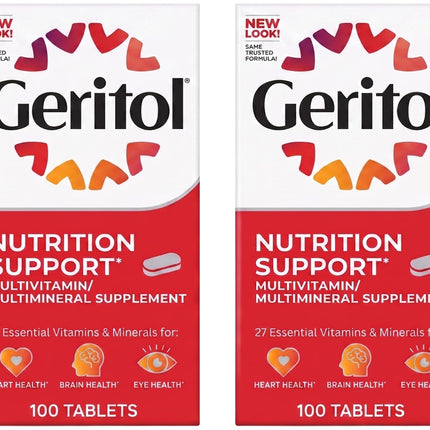 Geritol Multi-Vitamin Nutritional Support Tablets, Balance of 26 Essential Vitamins and Minerals, 100-Count Bottles (Pack of 2)