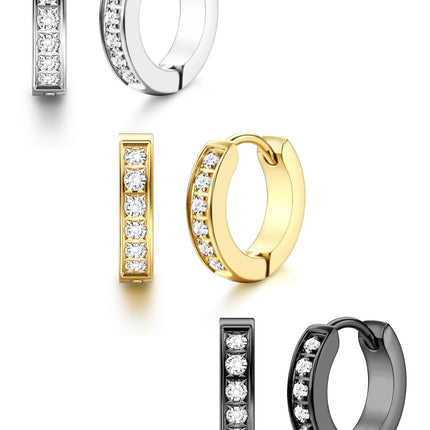 316L Stainless Steel Hoop Earrings for Men Women Hypoallergenic Cubic Zirconia Silver/Black/Gold Hoop Huggie Cartilage Earrings for Women Men Hoops 13mm Outer diameter