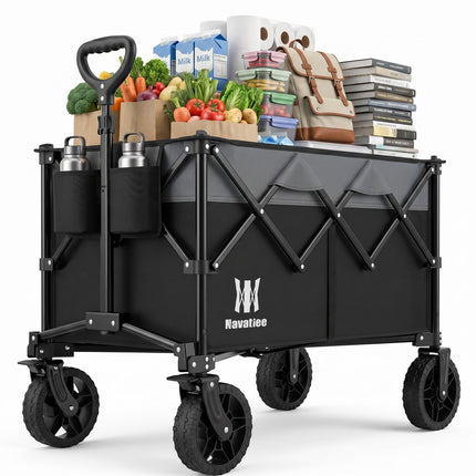 Navatiee 165L Collapsible Folding Wagon, Large Foldable Wagon with Silent All-Terrain Wheels, 330Lbs Heavy Duty Utility Grocery Cart for Camping Shopping Outdoor, Black