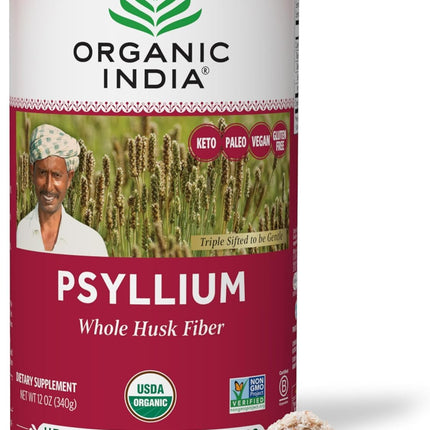 ORGANIC INDIA Psyllium Herbal Powder - Whole Husk Fiber, Vegan, Gluten-Free, USDA Certified Organic, Non-GMO, Soluble & Insoluble Fiber Source - 12 Oz Canister (Pack of 1)